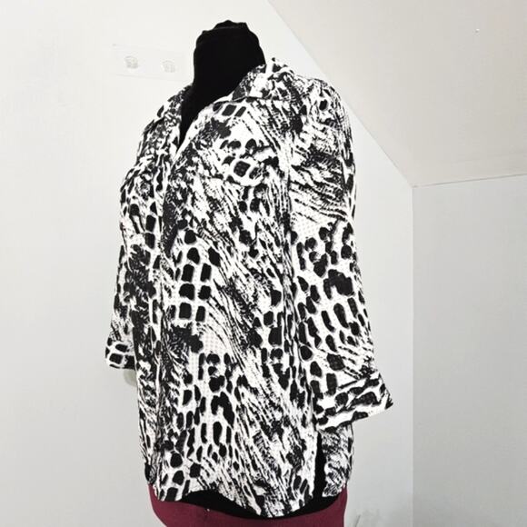 Vintage Elementz White and Black 3/4 Sleeve Pocket Button Front Top Large - Picture 4 of 10